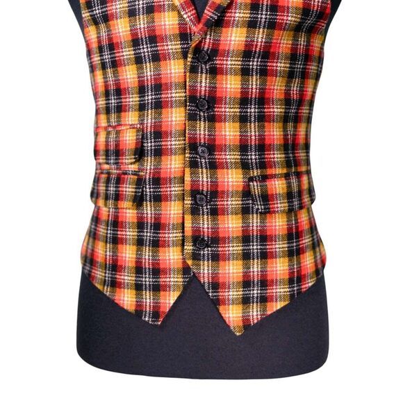 Mens Plaid Vest 40R Orange Yellow Black Wool Waistcoat Wedding Prom Formal Party - Picture 4 of 8